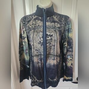 Skinny Minnie Women Medium Lace Floral Zip Up Sweater Jacket Navy Blue EUC